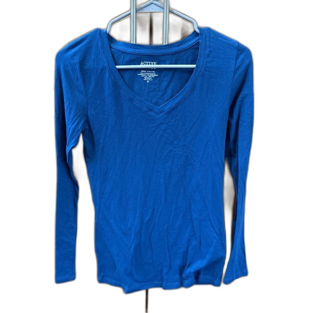Active Basic Women M  V Neck Slim Fit Long Sleeve Top Shirt Teal Blue Pullover